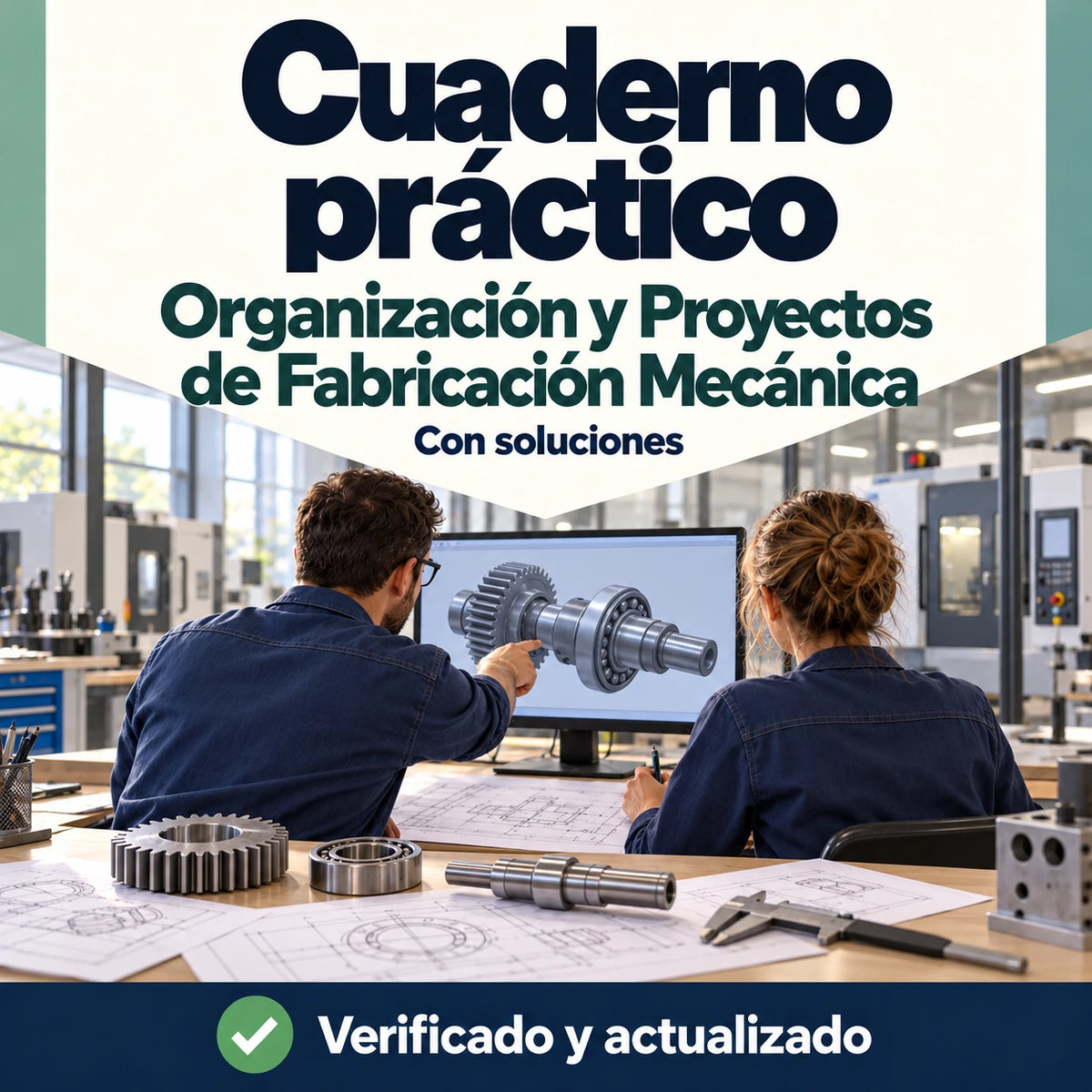 Cuaderno de Organización y Proyectos de Fabricación Mecánica para oposiciones de FP con soluciones, con un diseño de engranajes.