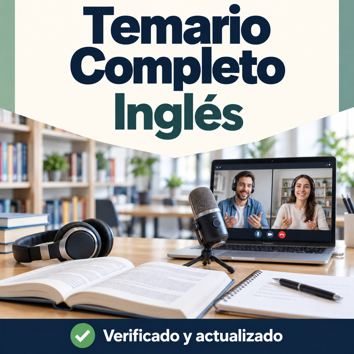 Portada del temario completo de Inglés de DocentesPro, con libros, auriculares, micrófono y una conversación por videollamada.