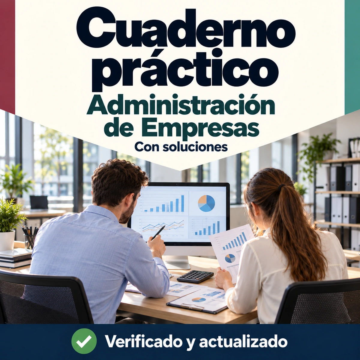 Cuaderno práctico de Administración de Empresas FP con soluciones; dos profesionales revisando gráficos y documentación financiera.