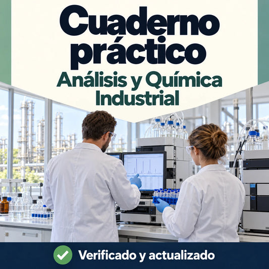 Cuaderno práctico de Análisis y Química Industrial para oposiciones de FP, con profesionales en un laboratorio.