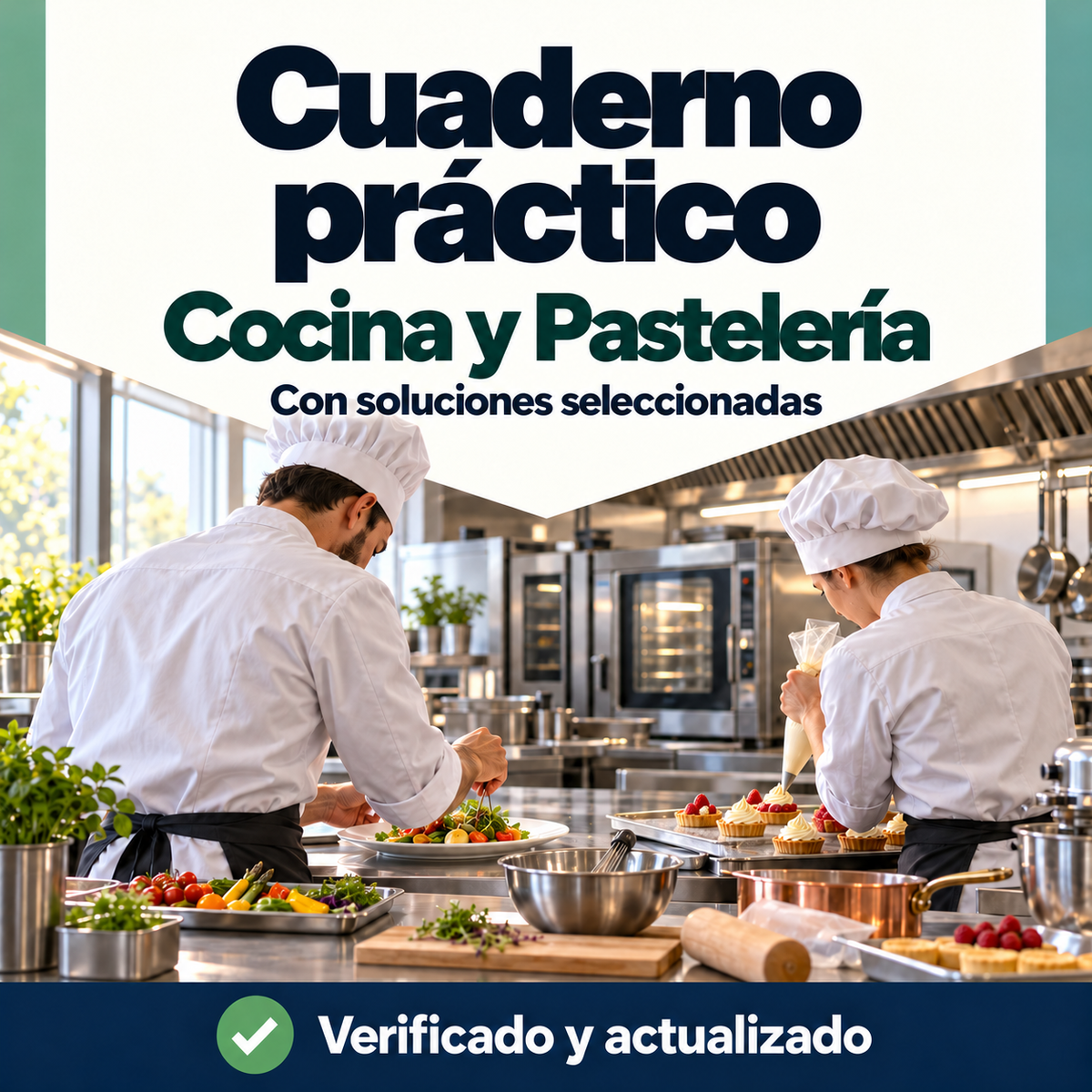 Cuaderno práctico de Cocina y Pastelería FP con soluciones seleccionadas; dos profesionales preparando platos y tartaletas en una cocina.