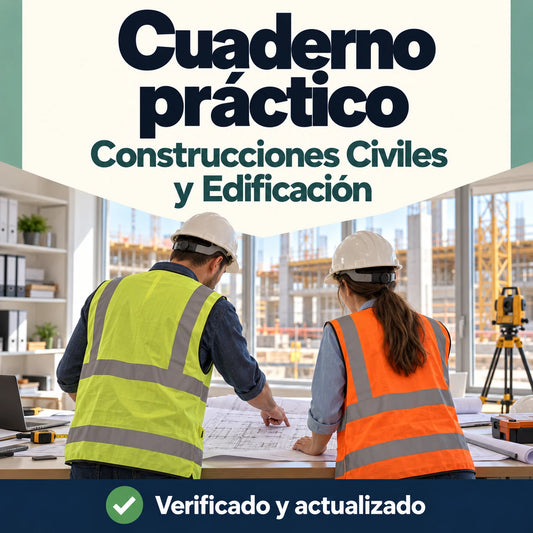 Cuaderno práctico de Construcciones Civiles y Edificación para oposiciones de FP, con dos profesionales revisando planos.
