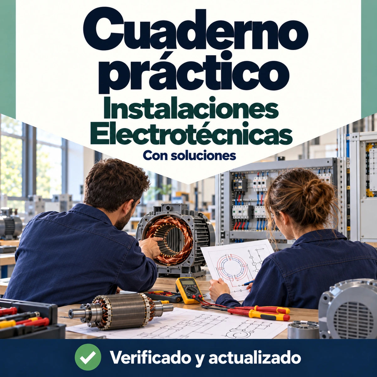 Cuaderno de supuestos prácticos de Instalaciones Electrotécnicas FP con soluciones; técnicos revisando el bobinado de un motor.