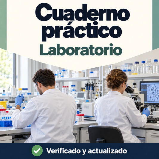 Cuaderno práctico de Laboratorio para oposiciones de FP, con dos profesionales trabajando con pipeta y microscopio.