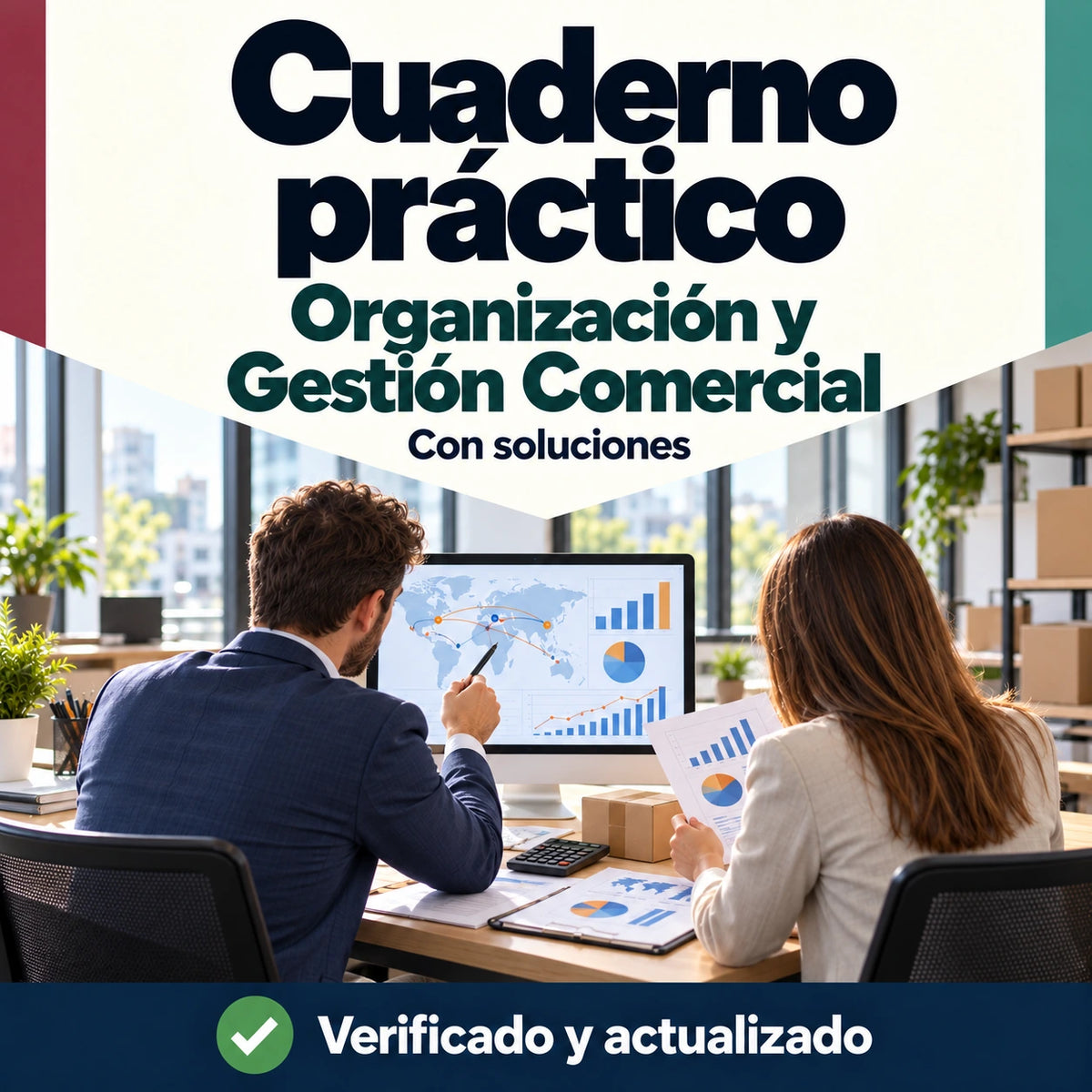 Cuaderno práctico de Organización y Gestión Comercial FP con soluciones; profesionales analizando rutas comerciales y ventas.