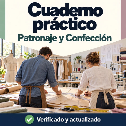 Cuaderno práctico de Patronaje y Confección para oposiciones de FP, con profesionales trazando patrones en un taller.