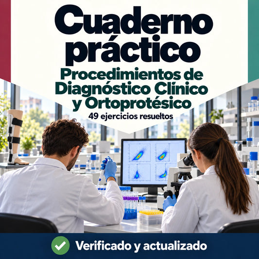 Cuaderno de Procedimientos de Diagnóstico Clínico y Ortoprotésico FP con 49 ejercicios resueltos; profesionales trabajando en un laboratorio.