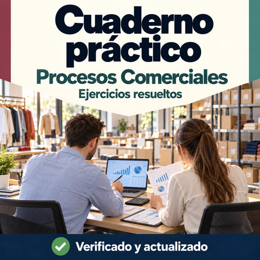 Cuaderno de Procesos Comerciales para oposiciones de FP con ejercicios resueltos y profesionales analizando ventas.