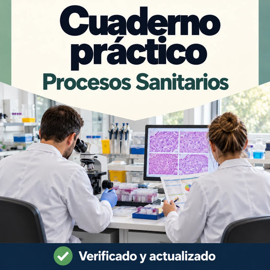 Cuaderno práctico de Procesos Sanitarios para oposiciones de FP, con profesionales revisando imágenes de histología.