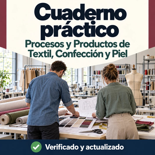 Cuaderno práctico de Procesos y Productos de Textil, Confección y Piel para oposiciones de FP, con profesionales revisando tejidos.