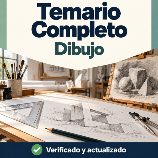Portada del temario completo de Dibujo de DocentesPro, con mesa de dibujo técnico, instrumentos de trazado y estudio artístico a carboncillo.