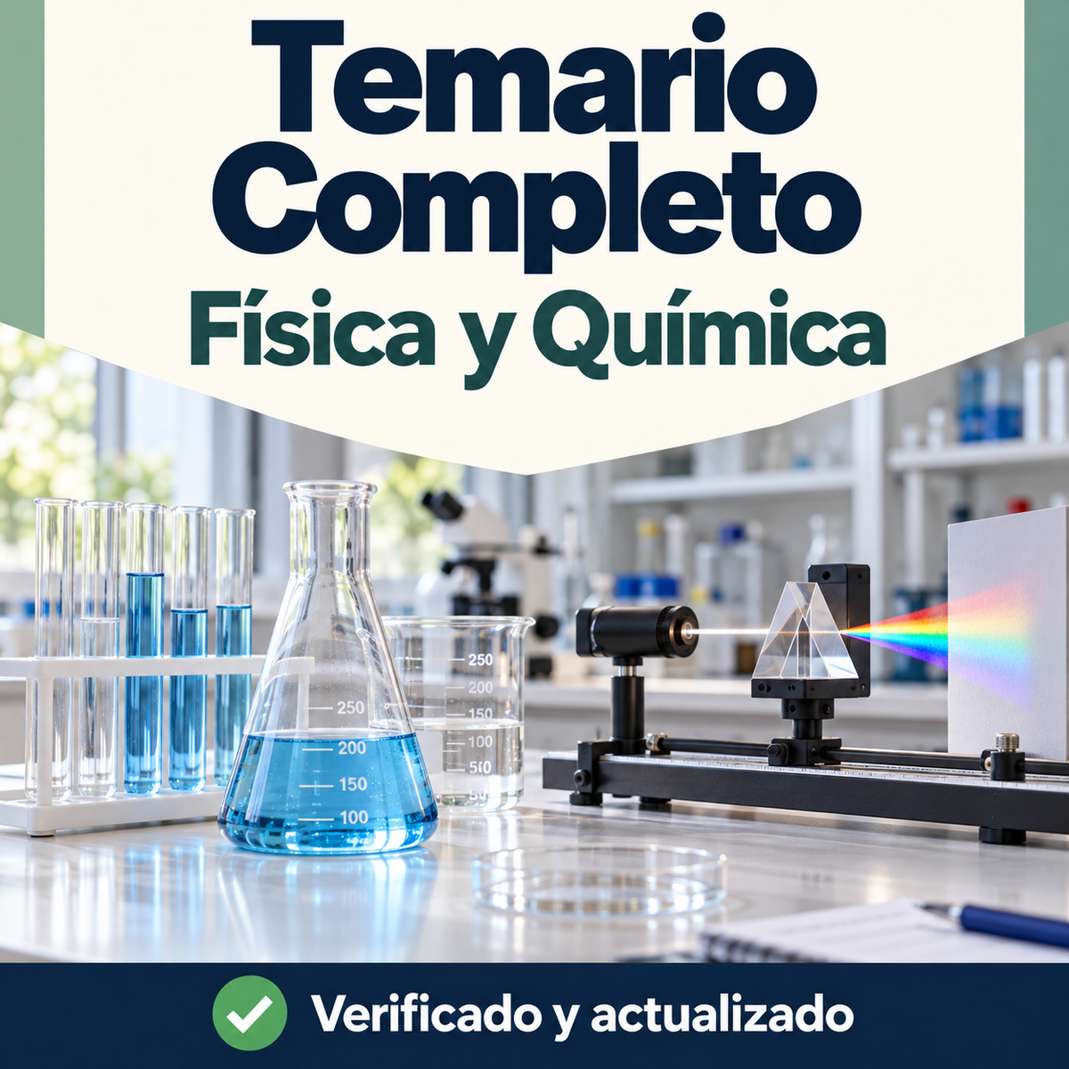 Portada del temario completo de Física y Química de DocentesPro, con material de laboratorio y un experimento de óptica con prisma.