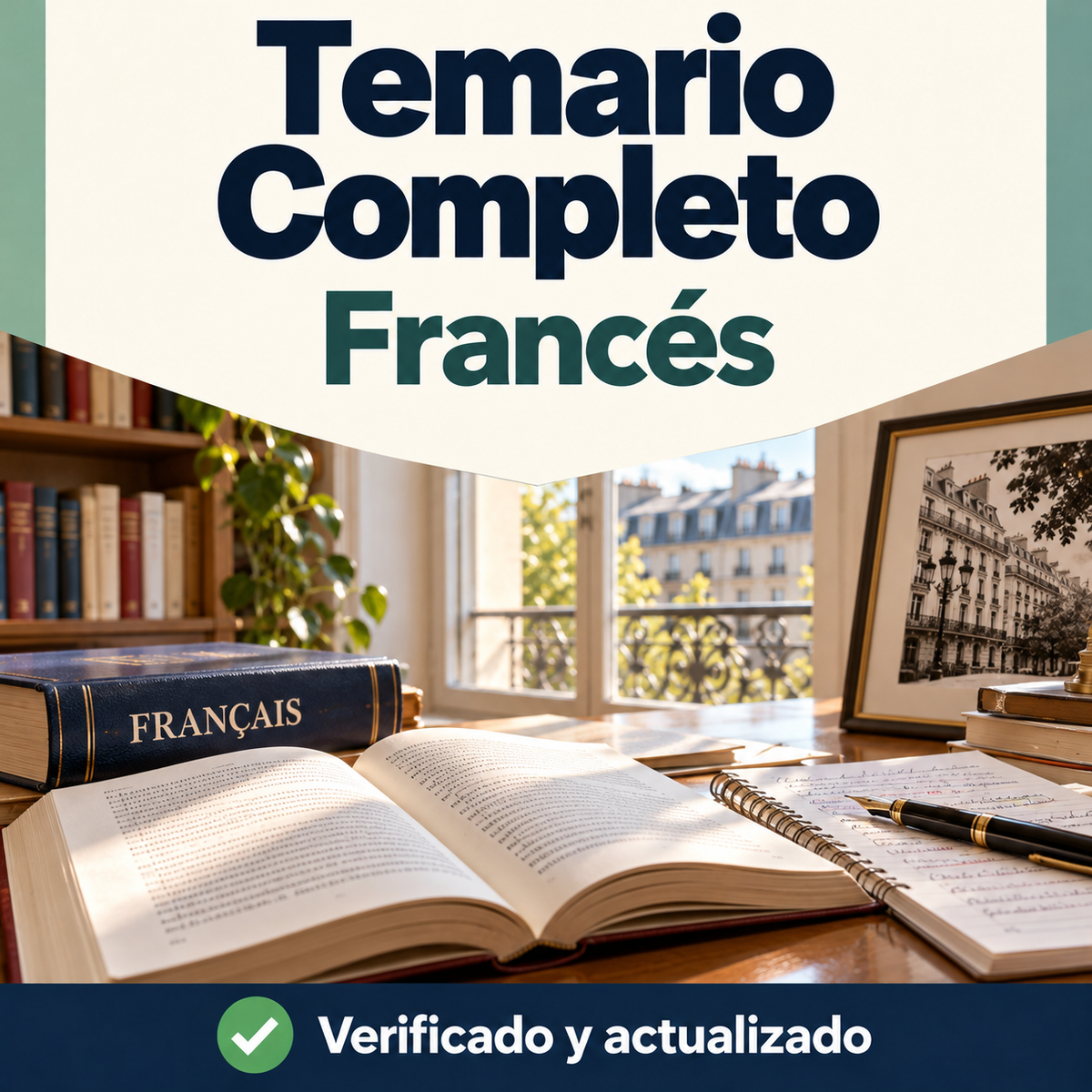 Portada del temario completo de Francés de DocentesPro, con libros de lengua y literatura, cuaderno de estudio y arquitectura parisina.