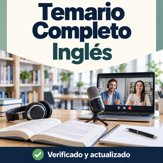 Portada del temario completo de Inglés de DocentesPro, con libros, auriculares, micrófono y una conversación por videollamada.