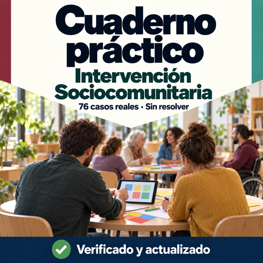 Cuaderno práctico de Intervención Sociocomunitaria FP, 76 casos reales sin resolver; profesionales planificando actividades en un centro comunitario.