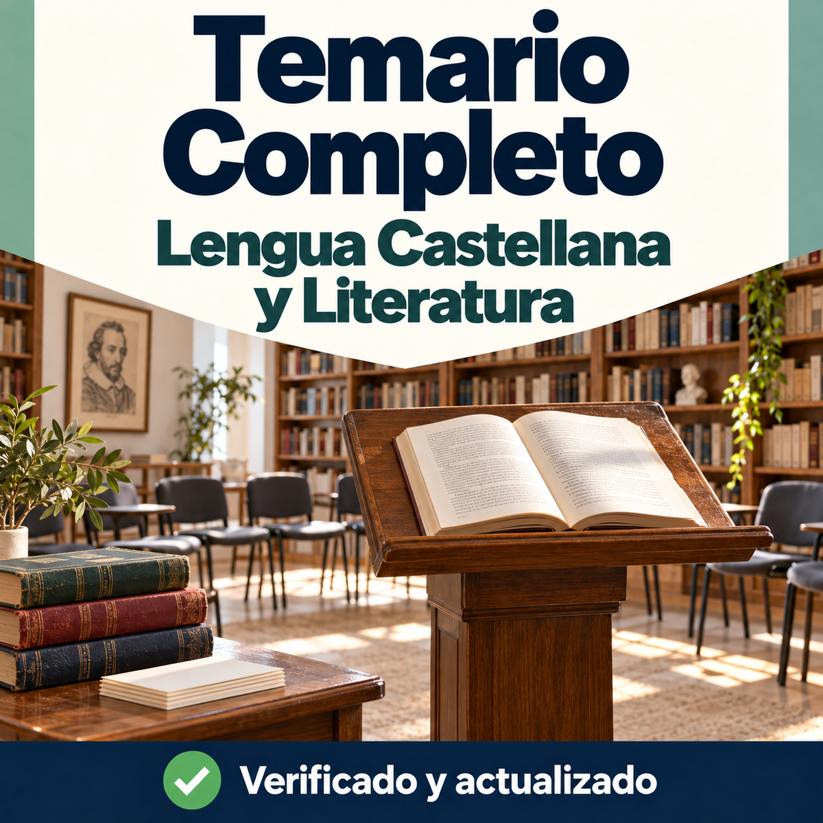 Portada del temario completo de Lengua Castellana y Literatura de DocentesPro, con un libro sobre un atril y una sala de lectura literaria.