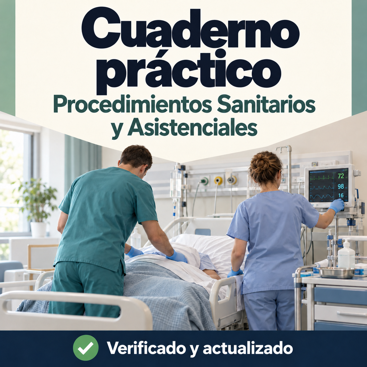 Portada del cuaderno práctico de Procedimientos Sanitarios y Asistenciales para oposiciones de FP, con dos profesionales sanitarios de espaldas atendiendo a un paciente.