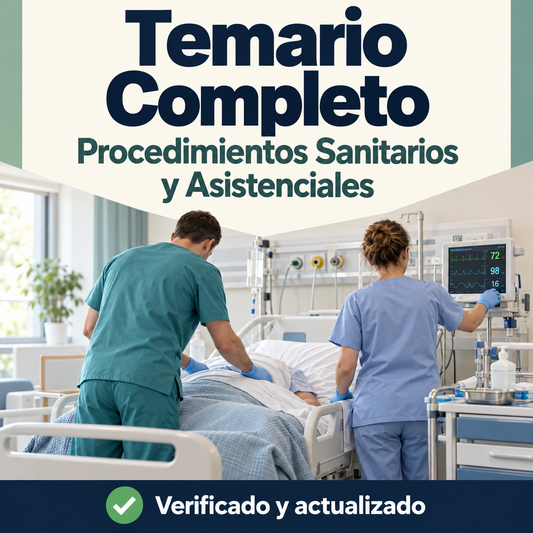 Portada del temario completo de Procedimientos Sanitarios y Asistenciales para oposiciones de FP, con dos profesionales sanitarios de espaldas atendiendo a un paciente.