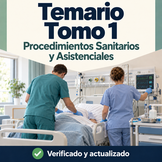 Portada del temario tomo 1 de Procedimientos Sanitarios y Asistenciales para oposiciones de FP, con dos profesionales sanitarios de espaldas atendiendo a un paciente.