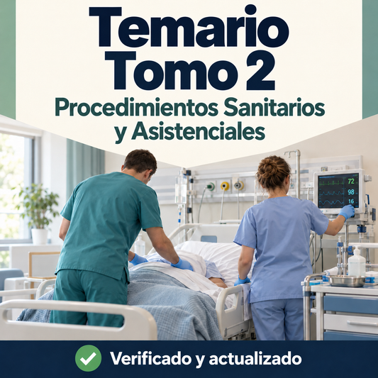 Portada del temario tomo 2 de Procedimientos Sanitarios y Asistenciales para oposiciones de FP, con dos profesionales sanitarios de espaldas atendiendo a un paciente.