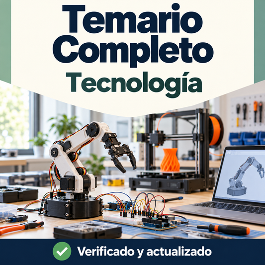Portada del temario completo de Tecnología de DocentesPro, con brazo robótico, circuitos electrónicos, impresora 3D y diseño CAD.