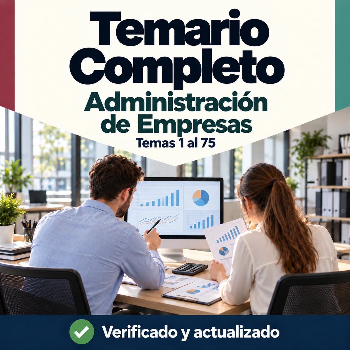 Temario completo de Administración de Empresas FP, temas 1 al 75; profesionales revisando gráficos financieros en una oficina.