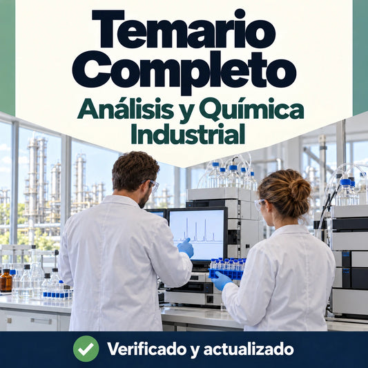 Temario completo de Análisis y Química Industrial FP; dos profesionales analizando muestras en un laboratorio.