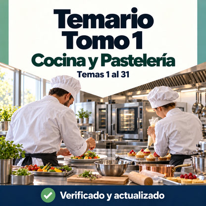 Temario de Cocina y Pastelería FP, tomo 1, temas 1 al 31, con dos profesionales preparando platos y tartaletas.