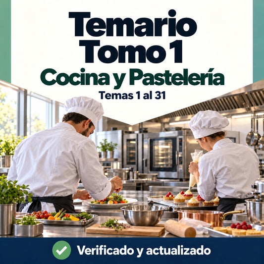Temario de Cocina y Pastelería FP, tomo 1, temas 1 al 31, con dos profesionales preparando platos y tartaletas.