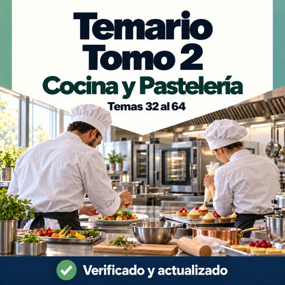 Temario de Cocina y Pastelería FP, tomo 2, temas 32 al 64, con dos profesionales preparando platos y tartaletas.