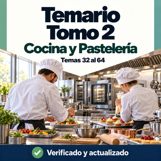 Temario de Cocina y Pastelería FP, tomo 2, temas 32 al 64, con dos profesionales preparando platos y tartaletas.