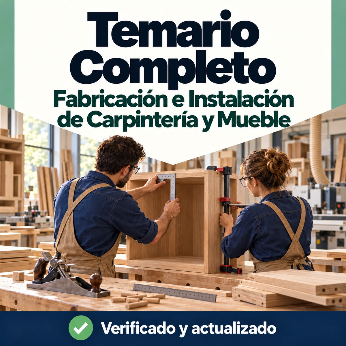 Temario de Fabricación e Instalación de Carpintería y Mueble FP, 66 temas, con dos profesionales montando un mueble de madera.