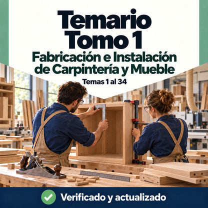 Temario de Fabricación e Instalación de Carpintería y Mueble FP, tomo 1, temas 1 al 34, con dos profesionales montando un mueble de madera.