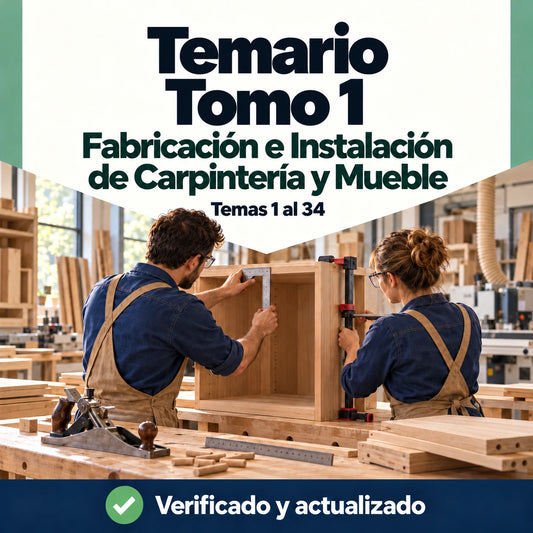 Temario de Fabricación e Instalación de Carpintería y Mueble FP, tomo 1, temas 1 al 34, con dos profesionales montando un mueble de madera.