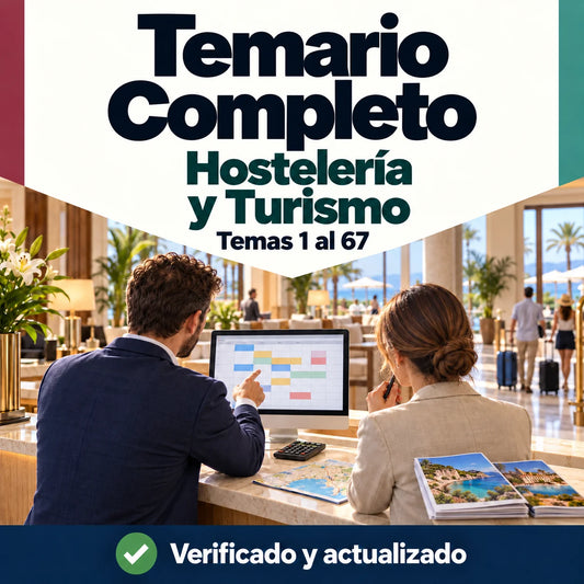 Temario completo de Hostelería y Turismo FP, temas 1 al 67; profesionales gestionando reservas en la recepción de un hotel.