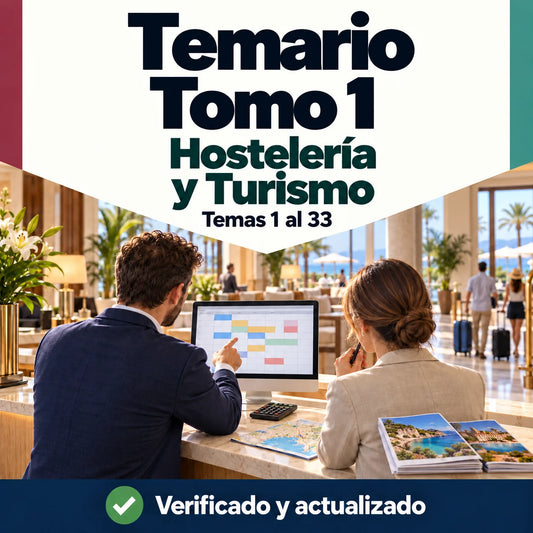 Tomo 1 de Hostelería y Turismo FP, temas 1 al 33; profesionales gestionando reservas en la recepción de un hotel.