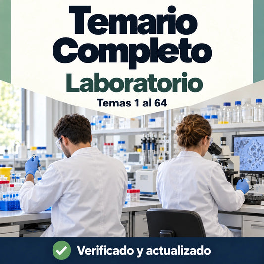 Temario de Laboratorio FP, temas 1 al 64; dos profesionales trabajando con pipeta y microscopio.