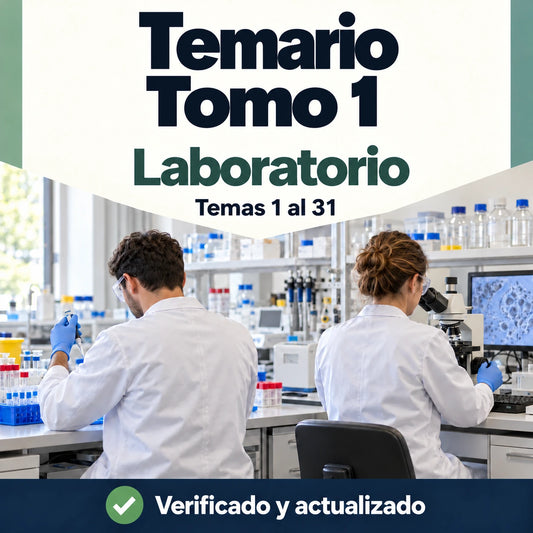 Tomo 1 del temario de Laboratorio FP, temas 1 al 31; profesionales con pipeta y microscopio.