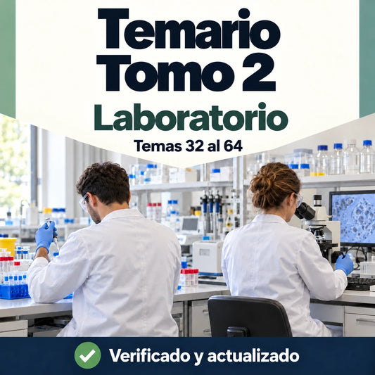 Tomo 2 del temario de Laboratorio FP, temas 32 al 64; profesionales con pipeta y microscopio.
