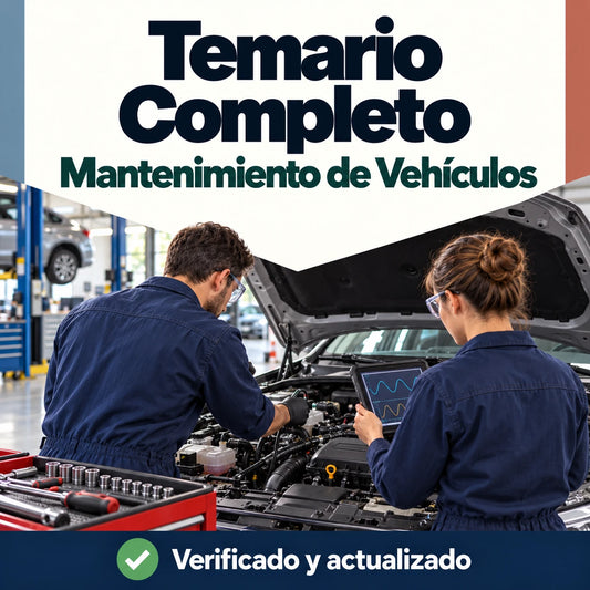 Temario de Mantenimiento de Vehículos FP, 67 temas, con dos técnicos diagnosticando un motor.