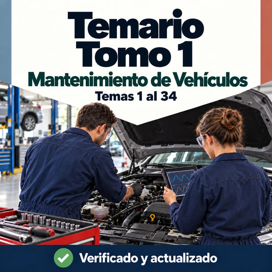 Temario de Mantenimiento de Vehículos FP, tomo 1, temas 1 al 34, con dos técnicos diagnosticando un motor.