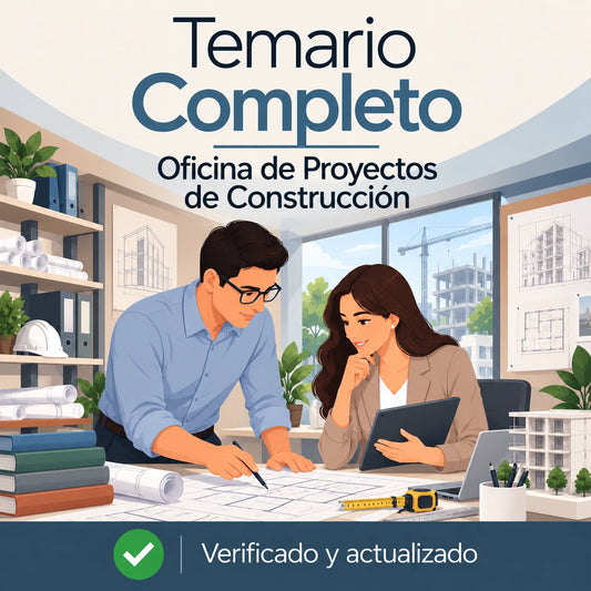 Temario completo de Oficina de Proyectos de Construcción para oposiciones de FP, con profesionales revisando planos.