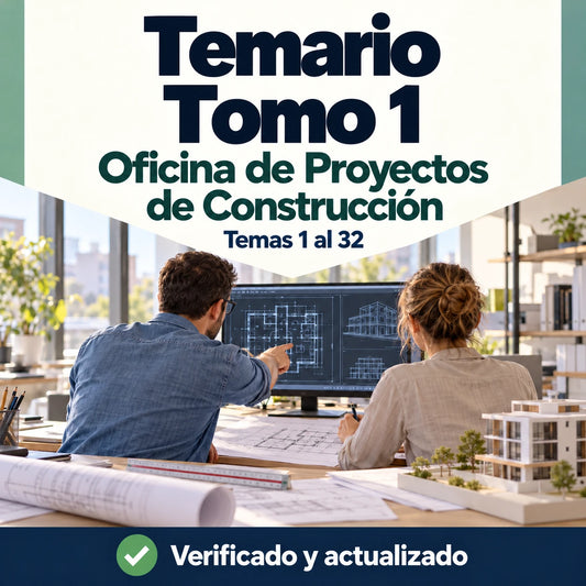 Temario de Oficina de Proyectos de Construcción FP, tomo 1, temas 1 al 32, con dos profesionales revisando planos de un edificio.