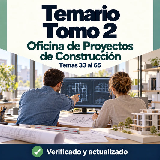 Temario de Oficina de Proyectos de Construcción FP, tomo 2, temas 33 al 65, con dos profesionales revisando planos de un edificio.