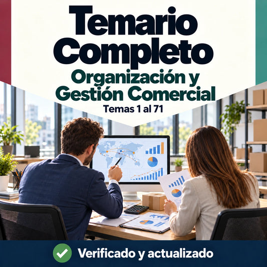 Temario completo de Organización y Gestión Comercial FP, 71 temas; profesionales analizando rutas comerciales y gráficos de ventas.