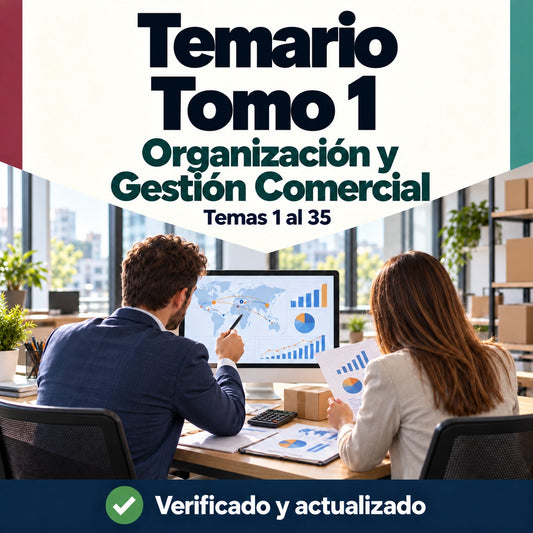 Tomo 1 de Organización y Gestión Comercial FP, temas 1 al 35; profesionales revisando datos comerciales.