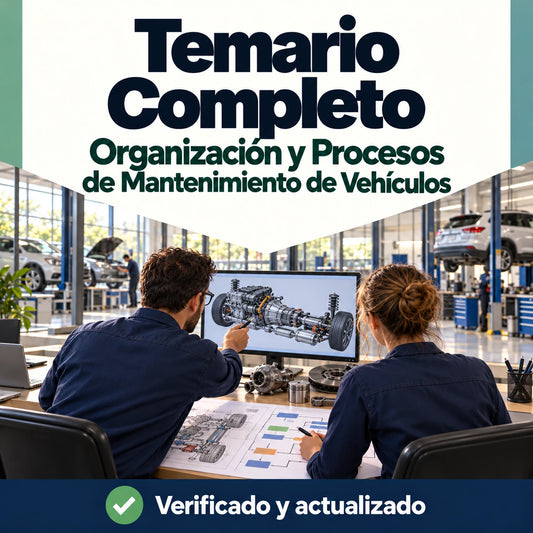 Temario de Organización y Procesos de Mantenimiento de Vehículos FP, 67 temas, con dos profesionales analizando sistemas de un vehículo.