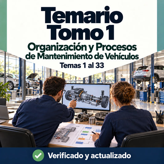 Temario de Organización y Procesos de Mantenimiento de Vehículos FP, tomo 1, temas 1 al 33, con dos profesionales analizando sistemas de un vehículo.