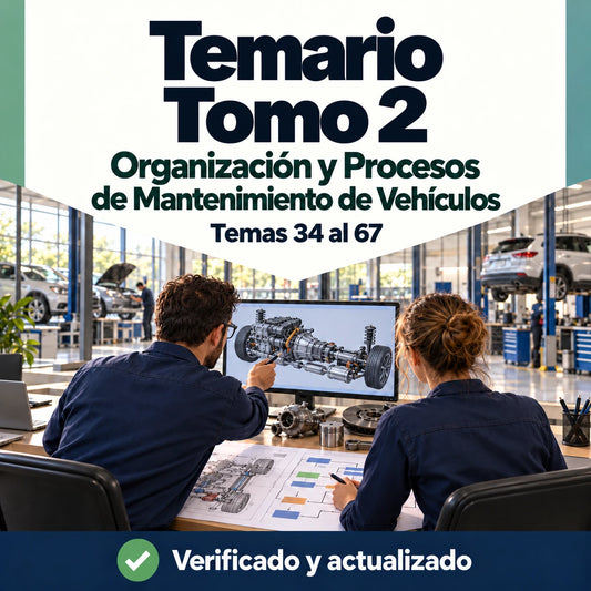 Temario de Organización y Procesos de Mantenimiento de Vehículos FP, tomo 2, temas 34 al 67, con dos profesionales analizando sistemas de un vehículo.