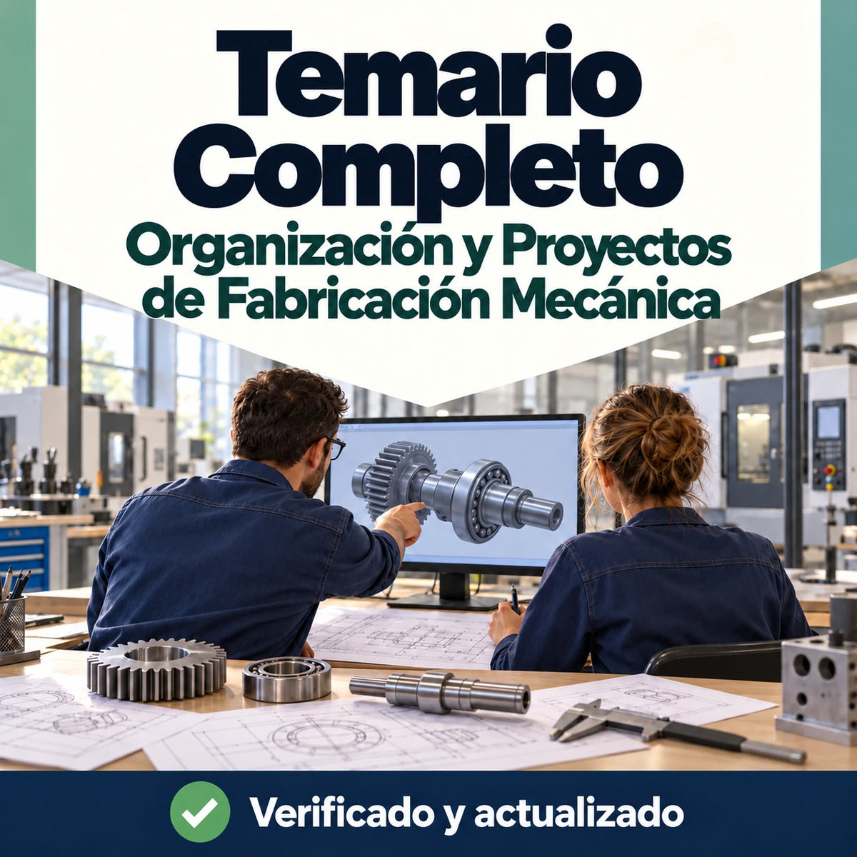 Portada del temario completo de Organización y Proyectos de Fabricación Mecánica FP, con dos profesionales revisando un diseño mecánico.